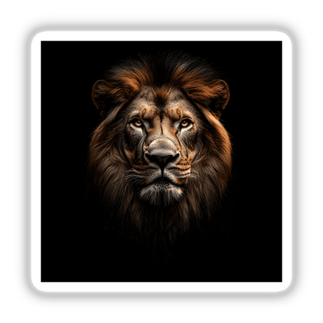 Cinematic Lion Portrait on Black Background, available as stickers or digital artwork. Close-up of a lion's face, capturing detailed fur and intense eyes.