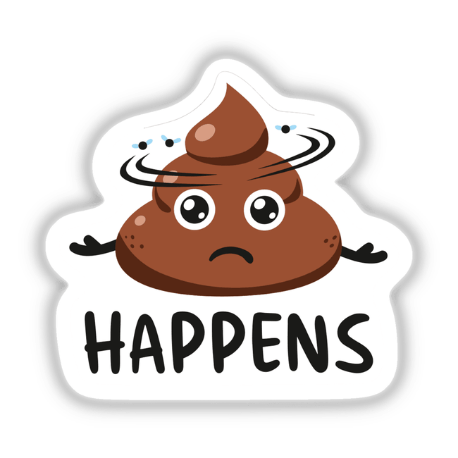 Cartoon-style Sh*t Happens poop sticker with a sad face, perfect for adding humor to your collection. Available as both vinyl stickers and digital artwork from Decal Venue.