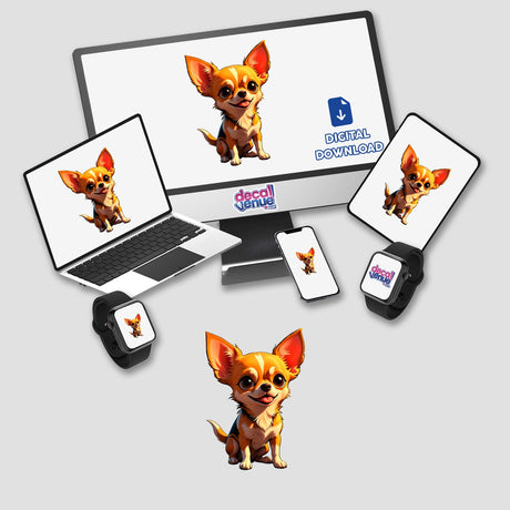 A Cute Chihuahua cartoon displayed on a laptop and monitor, available as stickers or digital artwork from Decal Venue.