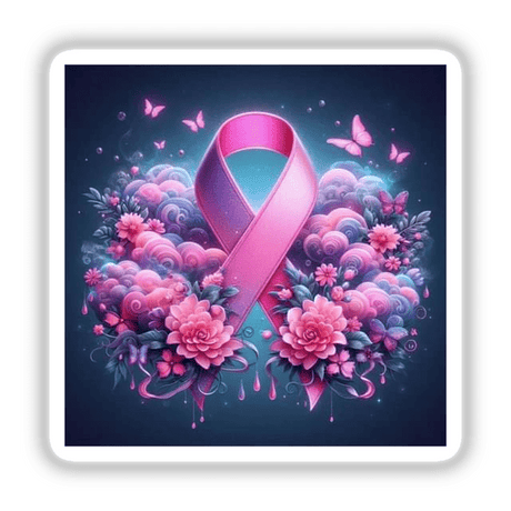 Breast Cancer Silver Series 5: A pink ribbon adorned with flowers and butterflies, available as stickers or digital artwork.