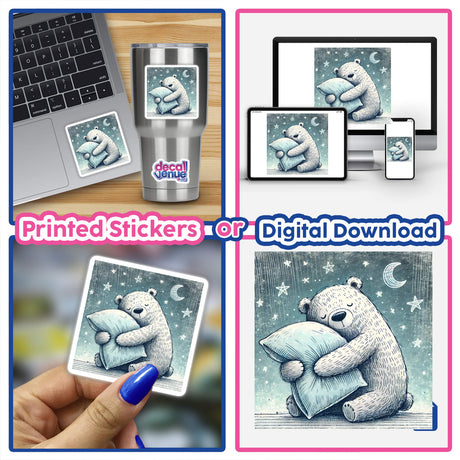 Collage featuring 'Sleepy Bear Hugging a Pillow Under the Star' sticker on a laptop, close-up of a hand holding the sticker, and silver mug with the same cartoon bear design.