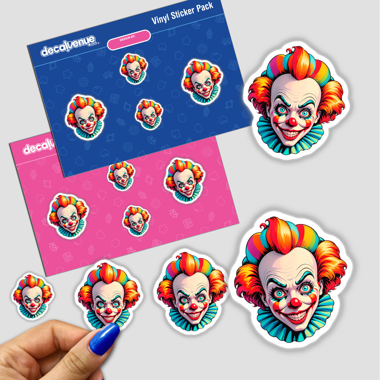 Crazy Clown Girl sticker featuring a cartoon clown face with red hair and a blue collar, held by a hand, available as a sticker or digital artwork.