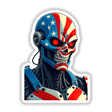 A Cool American Flag Army Cyborg sticker features a cartoon robot with red and white stripes, red eyes, embodying unique graphic design, available at Decal Venue.