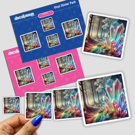 Hand holding stickers titled Crystal Forest - Trees Growing from Transparent Crystals, featuring colorful crystalline designs, available as both stickers and digital artwork.