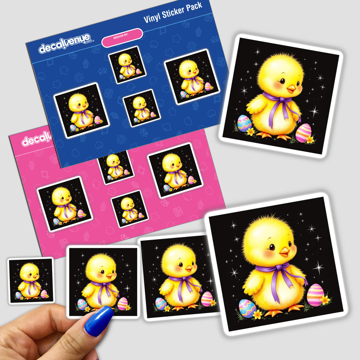 Yellow Baby Chick with Purple Ribbon and Easter Eggs