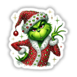 Sassy Christmas Green Grouch Rhinestone Santa sticker features a cartoon green grouch in a red and white outfit adorned with rhinestones, embodying a playful holiday theme from Decal Venue.