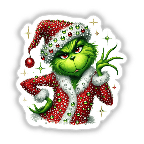 Sassy Christmas Green Grouch Rhinestone Santa sticker features a cartoon green grouch in a red and white outfit adorned with rhinestones, embodying a playful holiday theme from Decal Venue.