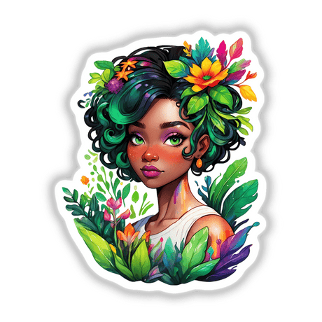 Afro Green Plant Portrait Sticker Design: Vibrant Botanical Art featuring a cartoon woman with colorful hair adorned with flowers, emphasizing a close-up on her expressive face and lips.