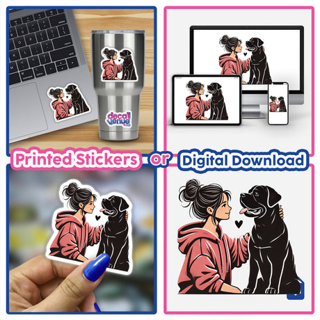 Collage featuring Lady Loves Her Rottweiler Dog with images of a woman and dog, including cartoon-style illustrations and stickers, available as unique vinyl stickers or digital artwork.