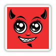 Cute Smiling Cartoon Devil Face featuring a playful expression with horns and teeth. Available as stickers or digital artwork, perfect for adding a whimsical touch to any surface.