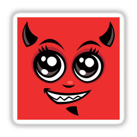 Cute Smiling Cartoon Devil Face featuring a playful expression with horns and teeth. Available as stickers or digital artwork, perfect for adding a whimsical touch to any surface.