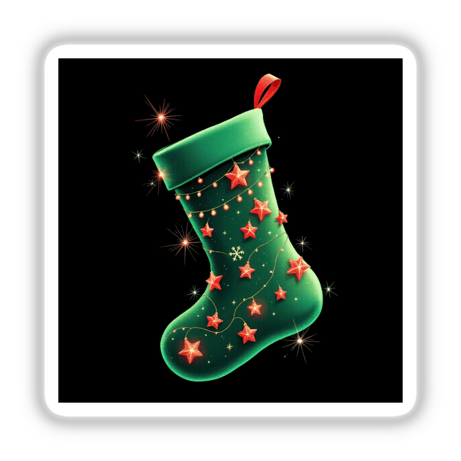 Green Stocking with Red Ribbon and Holiday Lights featuring red stars and festive lights, available as stickers or digital artwork from Decal Venue, specializing in unique stickers and digital art.