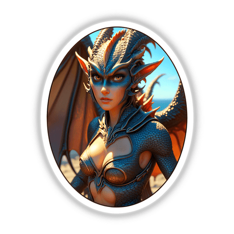 A Beautiful Fantasy Dragon Girl illustration depicting a woman adorned in a dragon-themed garment, available as unique stickers or digital artwork from Decal Venue.