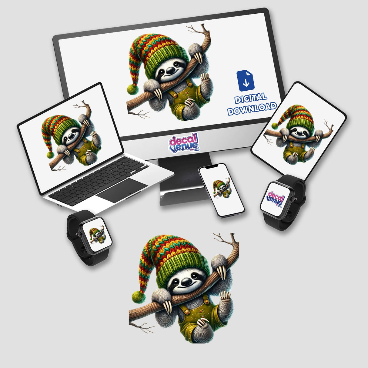 Whimsical sloth in colorful knit hat holding tree branch, featured on various digital devices by Decal Venue, a store offering unique stickers and digital artwork.