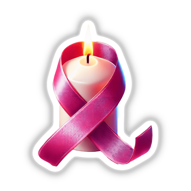 Pink Ribbon and Candle Breast Cancer Awareness sticker or digital artwork, featuring a candle adorned with a pink ribbon, symbolizing support and awareness for breast cancer.