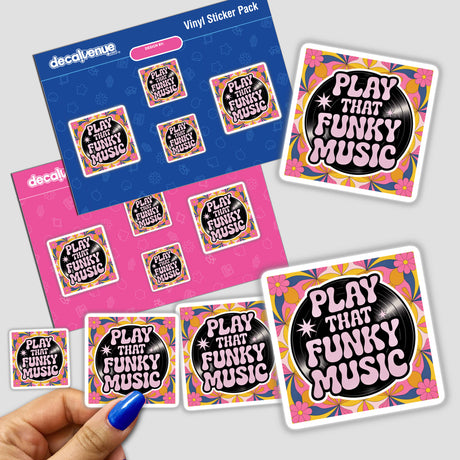 Hand holding Play That Funky Music sticker pack featuring vibrant designs with records and floral elements, showcasing unique decal artistry from Decal Venue.