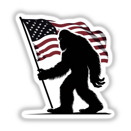 American Flag Sasquatch: A black silhouette of a Bigfoot holding a flag, available as stickers or digital artwork, showcasing unique vinyl design from Decal Venue.