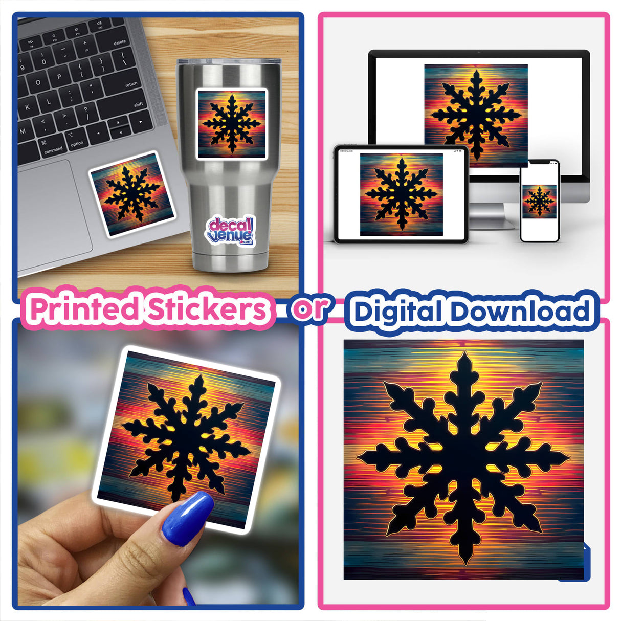 Snowflake Silhouette with Vibrant Stripes Christmas sticker or digital artwork featuring a black snowflake on a colorful background, shown on a laptop and a phone.