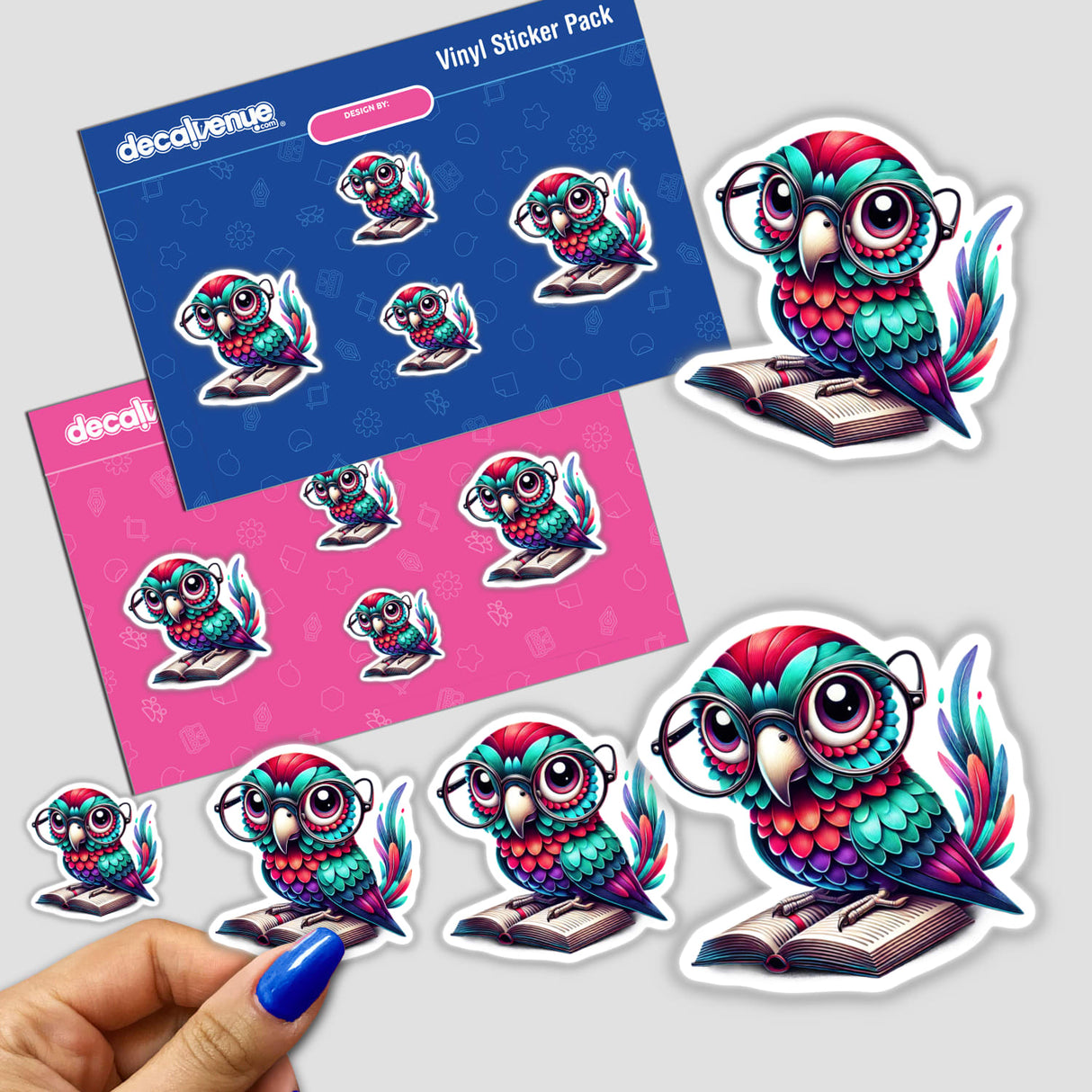 Parrot With Reading Glasses Open Book sticker pack features cartoon owls and birds wearing glasses, ideal for vinyl sticker enthusiasts or as digital artwork.