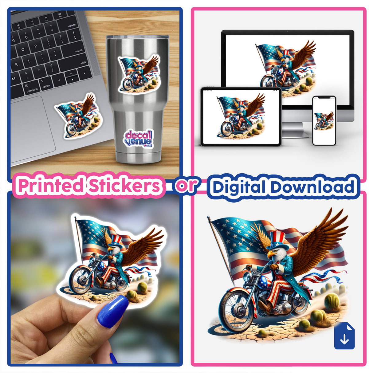 Patriotic eagle riding motorcycle graphic design - Digital artwork or sticker from Decal Venue with American flag and patriotic elements.