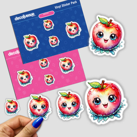 Happy apple cartoon stickers pack, featuring various expressive apple faces. Available as physical stickers or digital artwork from Decal Venue, specializing in unique stickers and digital art.