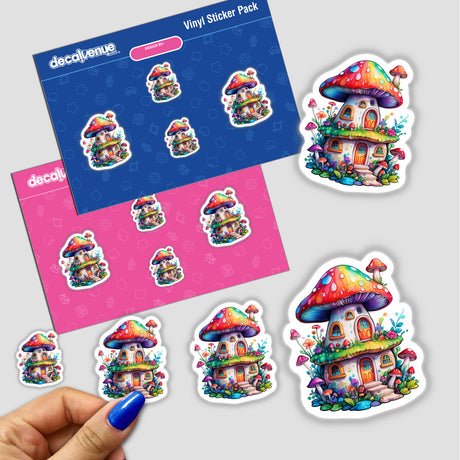 Trippy Mushroom House sticker pack featuring whimsical cartoon mushroom houses and flowers, available as stickers or digital artwork.