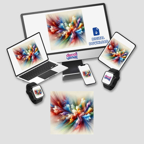 Abstract Aura - Vibrant Color Bursts in Watercolor displayed on various devices: computer monitor, laptop, tablet, and phone. Available as stickers or digital artwork.