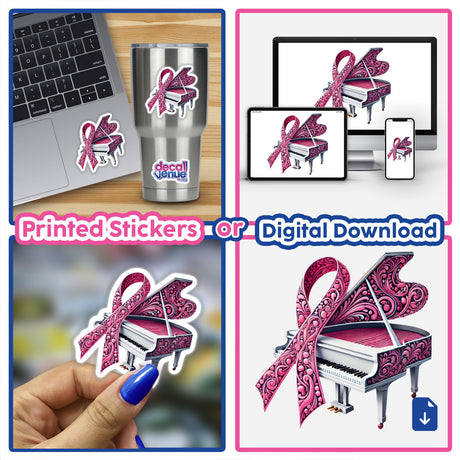 Grand Piano Pink Ribbon Breast Cancer sticker or digital artwork featuring a pink ribbon on a piano, emphasizing awareness and support.