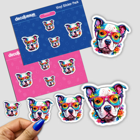 Pitbull stickers wearing reading glasses, including designs with flowers and colorful glasses, held in a hand. Available as Stickers or Digital Artwork.