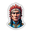 Illustration of a Native American Warrior Chief with a red feathered headdress, available as unique stickers or digital artwork.