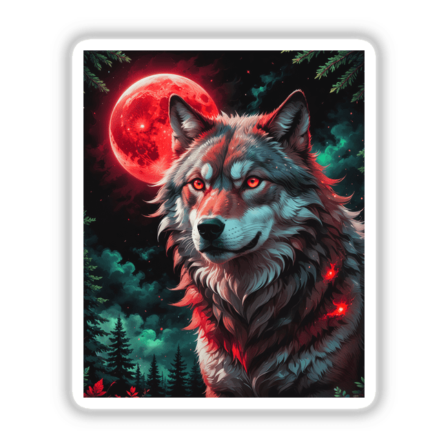 A Wolf In The Night With A Blood Moon: Digital art depicting a wolf howling beneath a vivid red moon, available as stickers or digital artwork from Decal Venue.