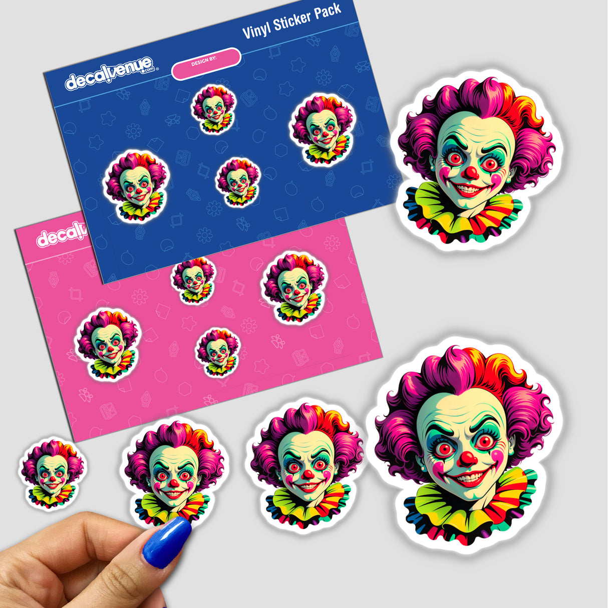 Sticker featuring 'A Crazy Clown Girl' with a cartoon clown face and pink hair, held by a hand. Available as individual stickers or in a sticker pack.