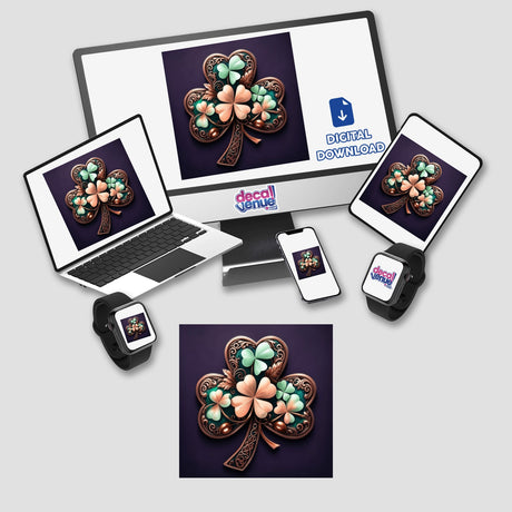 Antique Shamrock – Bronze Clover with Pastel Floral Accents displayed on a laptop and computer monitor, showcasing the design as available stickers or digital artwork from Decal Venue.