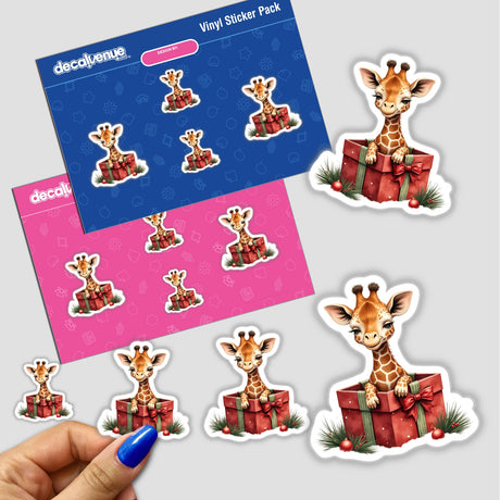 Giraffe in Christmas Present Box sticker pack, featuring cartoon giraffes in festive gift boxes, ideal for unique decoration. Available as stickers or digital artwork from Decal Venue.