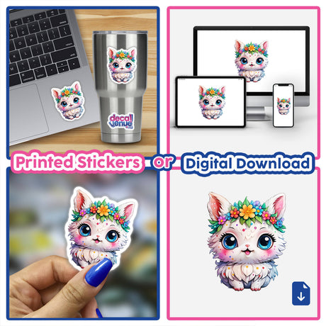 Adorable Fluffy White Creature Sticker featuring a cute kawaii animal design, displayed on a laptop, cup, and hand, showcasing its versatility. Available as stickers or digital artwork.