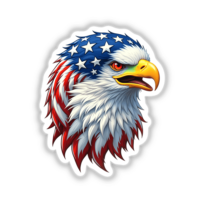 A Cool American Flag Eagle illustration featuring a red, white, and blue eagle adorned with stars and stripes, available as stickers or digital artwork from Decal Venue.