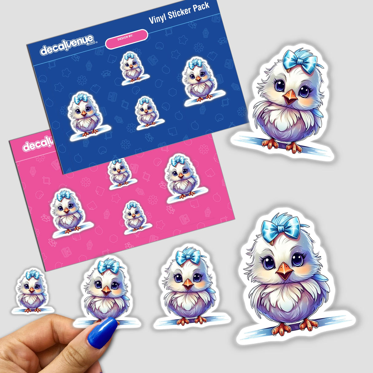 Stickers featuring cartoon baby chicks in various poses, including one with a bow. Available as stickers or digital artwork.