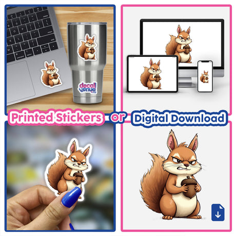 Cute Grumpy Squirrel Holding Acorn Cartoon featured on a laptop, stickers, and digital artwork in a collage.