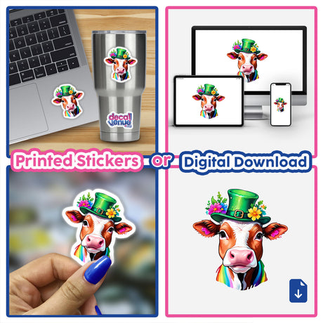 St. Paddy's Moo: Cute Cow in Floral Splash Hat Sticker, depicted on a laptop and a cup, with a hand holding the sticker, showcasing a cow wearing a decorative hat.