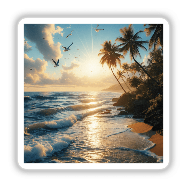 Golden Beach Sunset – Waves, Palm Trees, and Flying Seagulls depicted as a serene beach scene with palm trees and seagulls, available as stickers or digital artwork from Decal Venue.