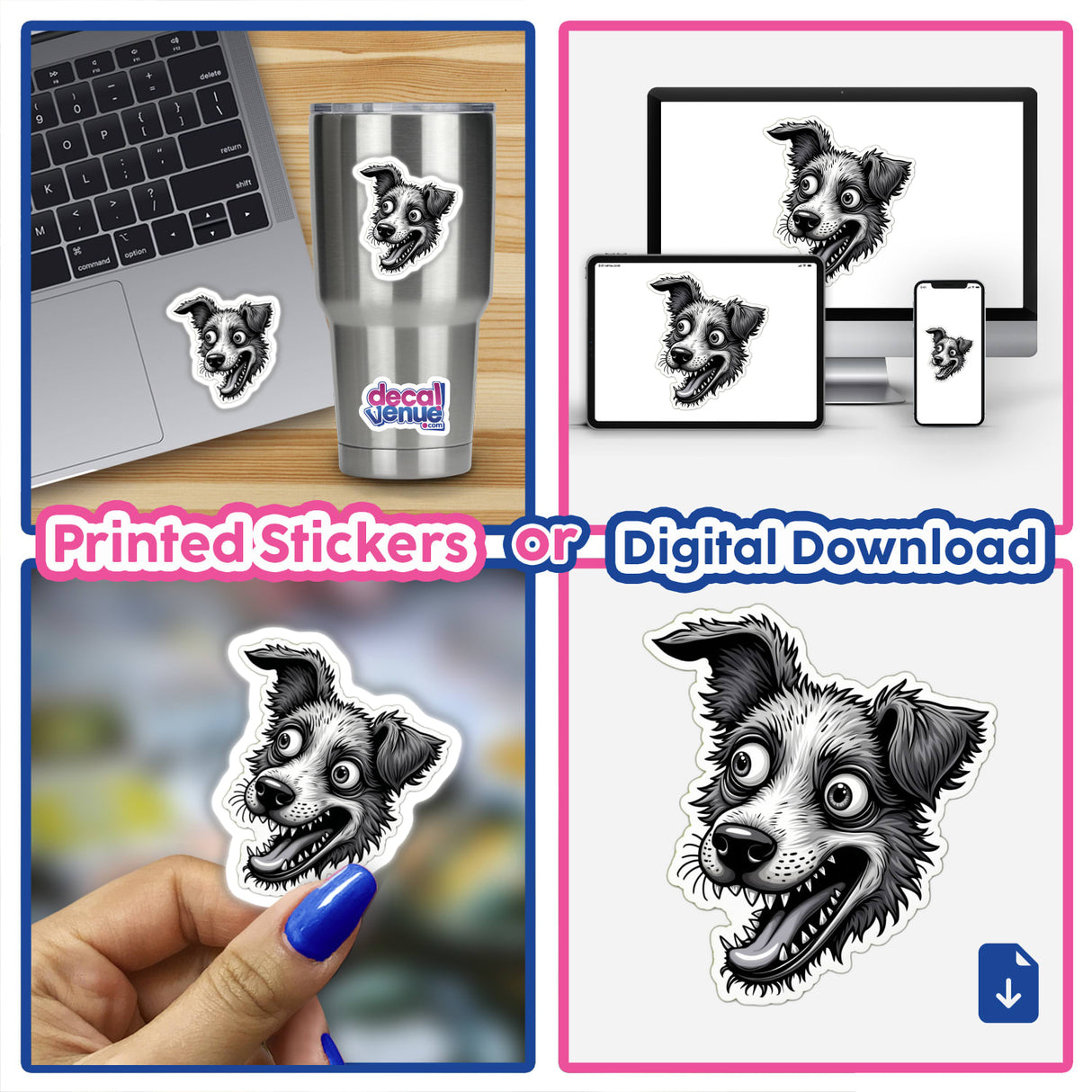 Mil e um Dentes stickers and digital download featuring a cartoon dog with its mouth open, displayed on a laptop, cup, and in a collage, highlighting unique designs.