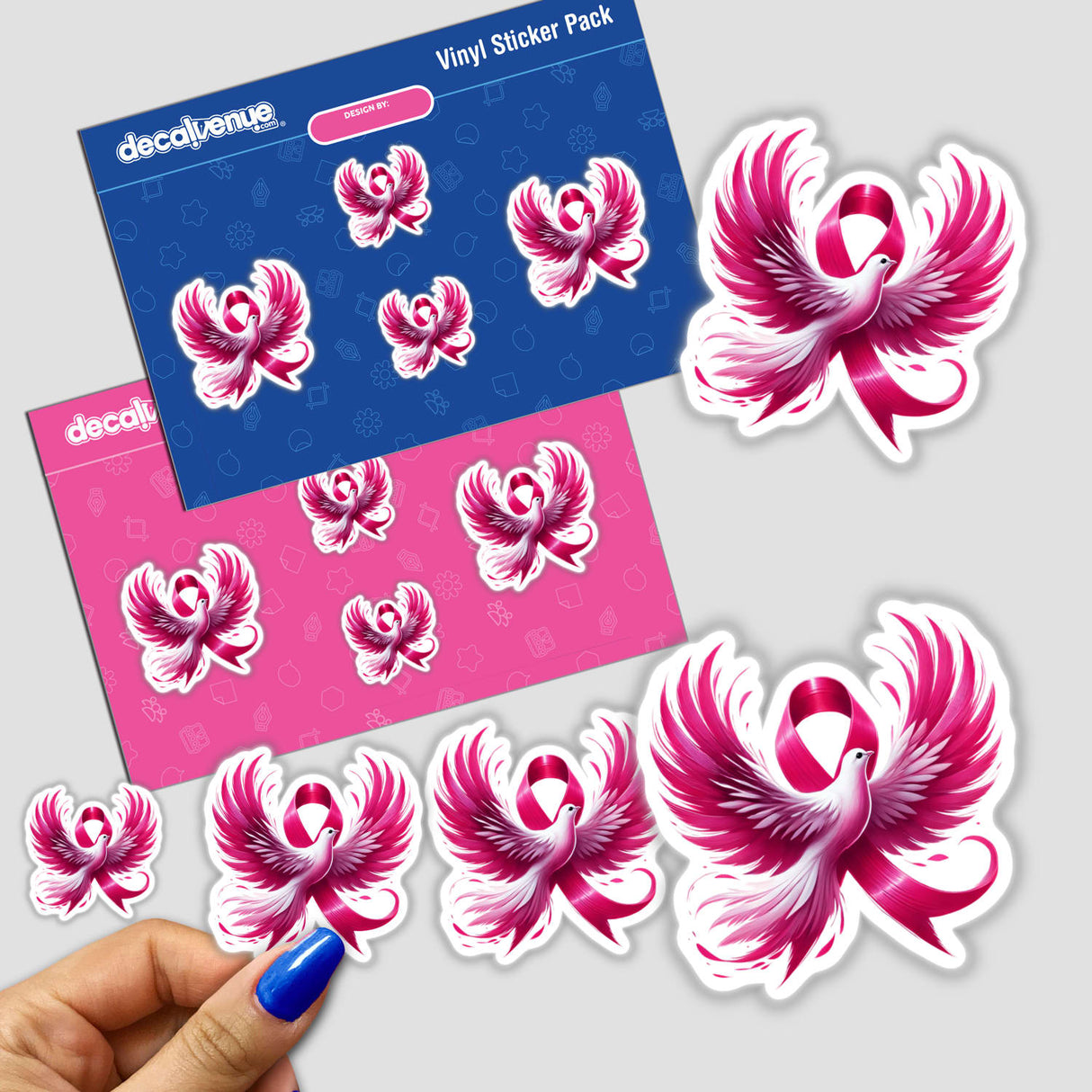 Dove Bird Pink Ribbon Breast Cancer stickers featuring pink ribbons and birds, available as stickers or digital artwork.