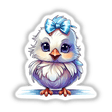 Cartoon of a baby chick with a bow, available as stickers or digital artwork.