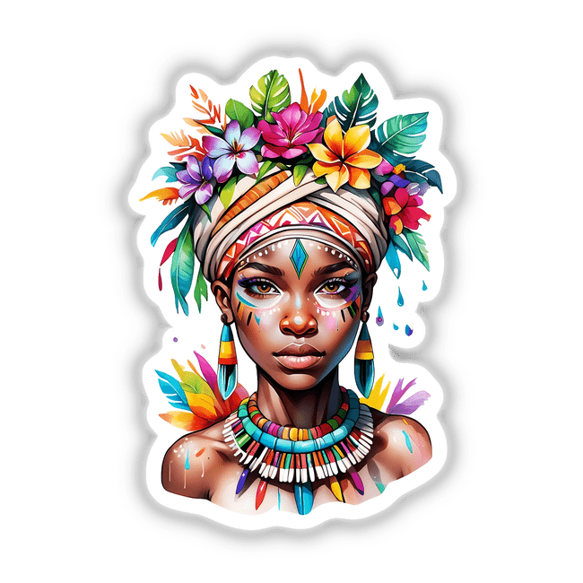 Vibrant African Tribal Woman Sticker featuring a mesmerizing floral headdress portrait, showcasing colorful makeup and flowers in her hair, available as unique stickers or digital artwork.