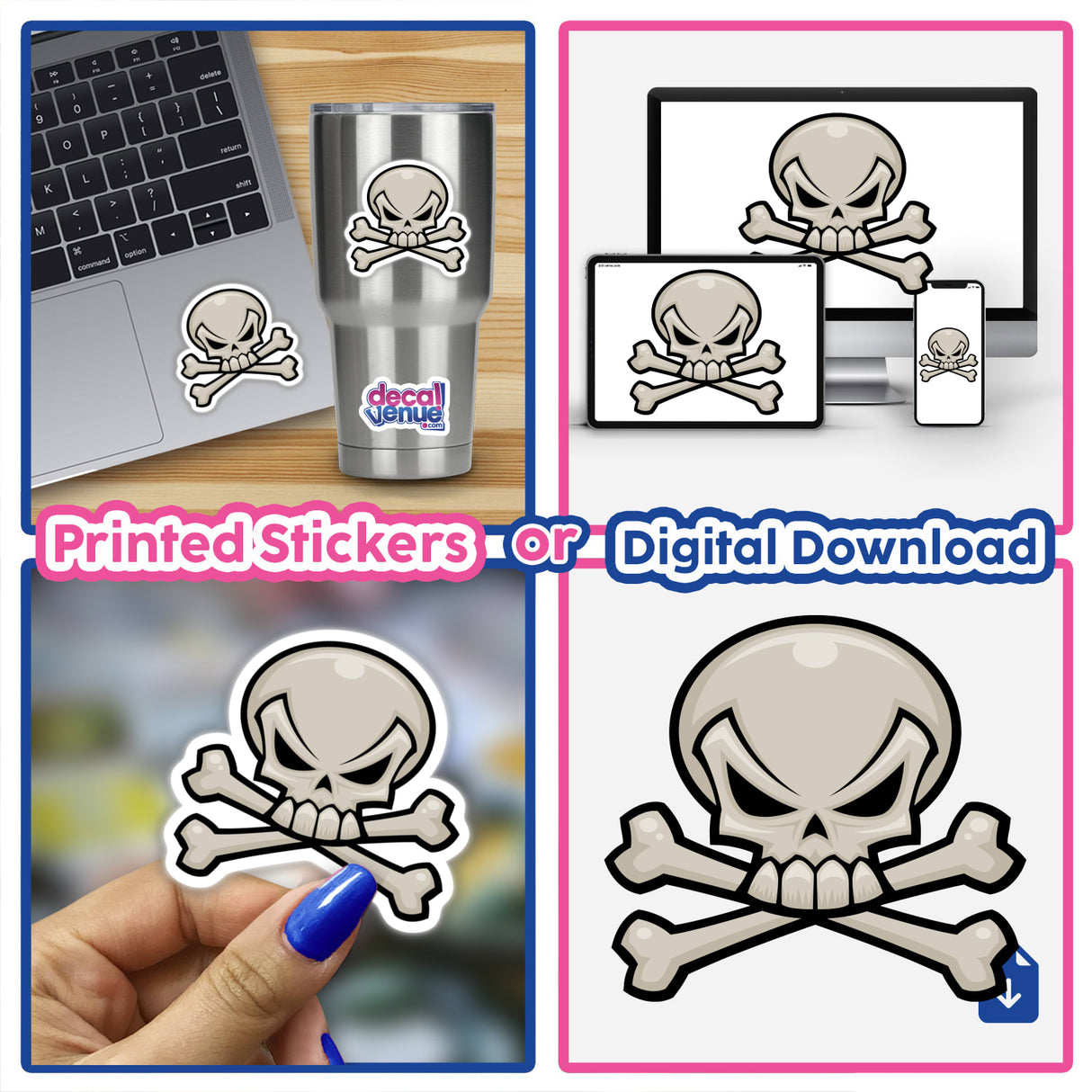 Skull and Crossbones stickers collage featuring various designs, including a cartoon skull with crossed bones, ideal for decorating laptops, stainless steel cups, and other items.