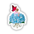 Delicate fairy amidst blue hydrangea blooms, available as stickers or digital downloads