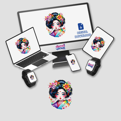 Charming Geisha: Adorable Sticker Design featuring a cartoon woman with flowers, displayed on a laptop and monitor. Available as stickers or digital artwork.