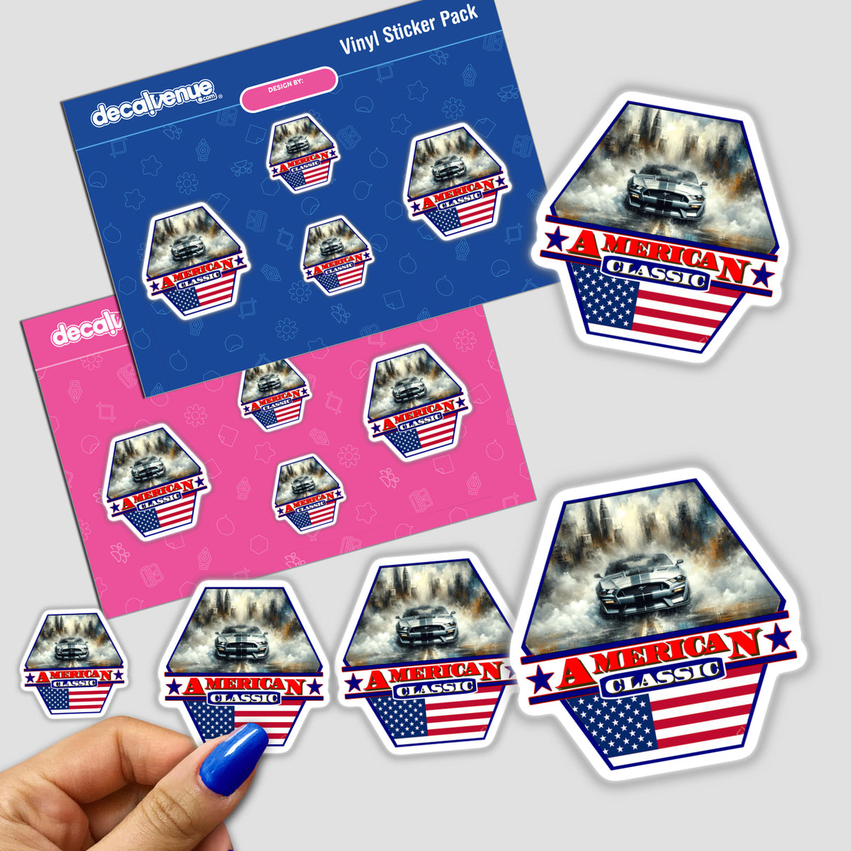 Sticker pack featuring a Ford Mustang with an American Classic Patriotic theme, held in a hand. Includes car illustrations emphasizing the unique style of Decal Venue's stickers and digital art.