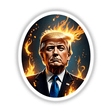 President Donald Trump depicted in a suit with a blue tie, his head stylized with flames, available as vinyl stickers or digital artwork from Decal Venue.