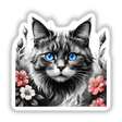 Cat Blue Eyes Floral Accents PA08: A captivating sticker or digital artwork featuring a blue-eyed cat surrounded by delicate flowers. Ideal for adding a touch of charm to any space.